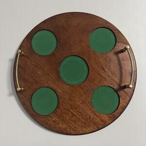 Vintage Mahogany Wood Drink Serving Tray Round Green Felt Brass Handles Barware